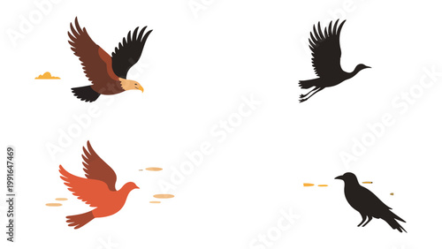 Soaring Icons: A quartet of birds, rendered in a striking array of colors and styles, take flight across the composition, symbolizing freedom, grace, and perspective.