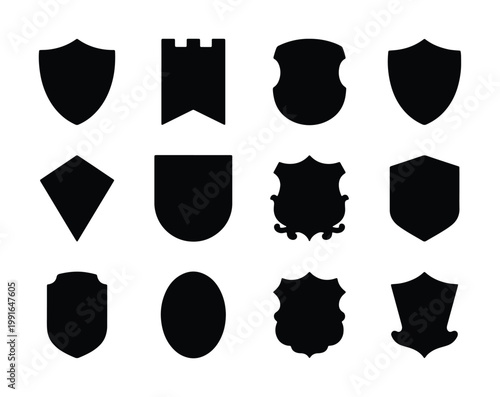 Heraldic shield silhouettes set, 12 black vector coat of arms icons, medieval security and protection symbols for branding and logo design