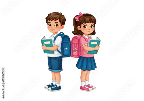 A boy and girl in school uniform holding books isolated on transparent background, PNG