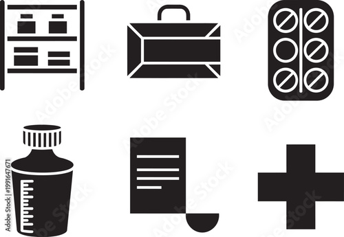 Medical symbols collection with pharmacy, first aid, pills and measuring cup icons with medical