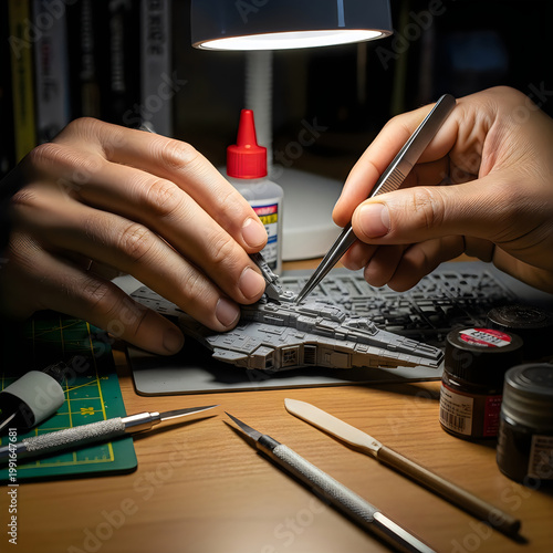 Hobbyist assembling detailed plastic model spaceship with tweezers and glue.