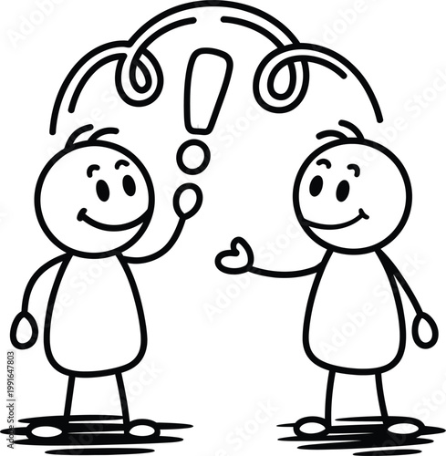 Two stick figures having a conversation with an exclamation mark above their heads, representing a new idea or realization