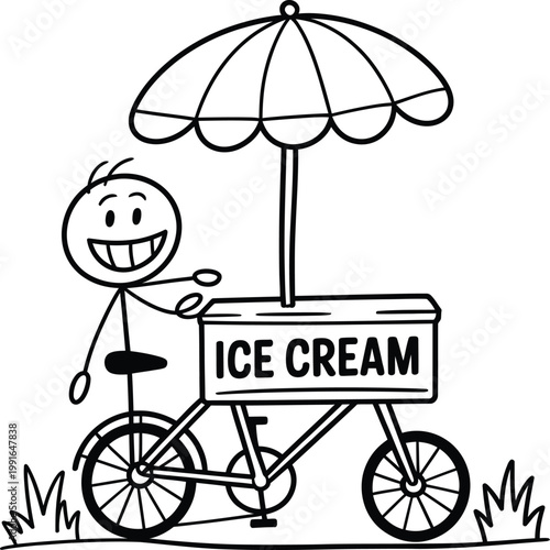 Cartoon stick figure drawing of happy ice cream vendor riding a bicycle cart with umbrella