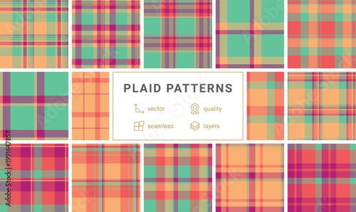 Experience this vibrant seamless plaid pattern featuring bold teal, orange, and magenta tones. Perfect for modern apparel, home decor, textile designs, and digital background use.