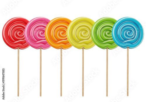 A row of colorful lollipops on wooden sticks isolated on transparent background, PNG