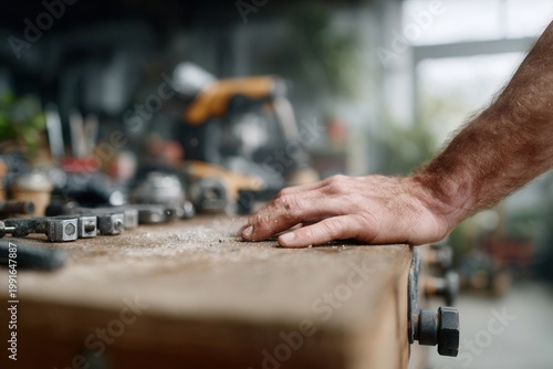 Worker's hand rests on a dusty workbench among tools in a natural, industrial setting