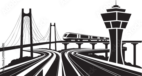 Monorail Train on Elevated Tracks with Suspension Bridge and Control Tower with public