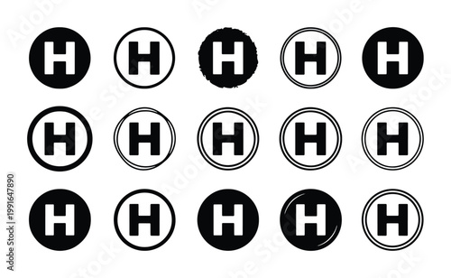 Helipad landing zone icons set, 15 black and white helicopter pad symbols, aviation transport sign collection, emergency medical landing site vector