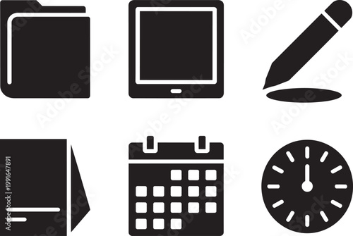 Office icons: folder, set of 6, tablet, pencil, document, calendar, clock, simple vector