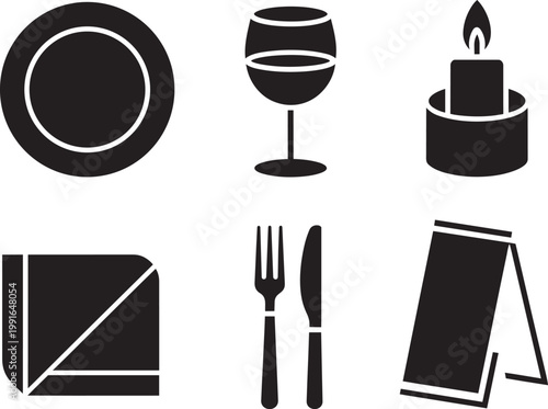 Restaurant Icons Set: Plate, Wine Glass, Candle, Napkin, Cutlery and Menu with restaurant