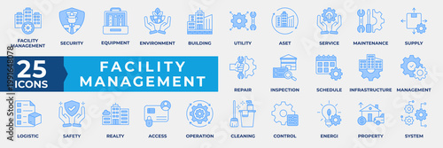 Facility Management Icon Set Collection. Containing Security, Equipment, Environment, Building, Utility, Asset, Service, Maintenance, Repair, Inspection and Schedule. Simple Blue Vector Illustration.