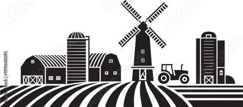 Rural farm scene with tractor, windmill, barns and silo under striped fields vector with farm