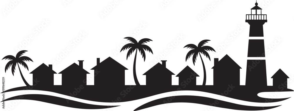 Obraz premium Silhouette coastal village with lighthouse, palm trees and houses on a wavy shoreline