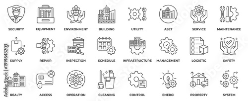Facility Management Icon Collection Set. With icon Security, Equipment, Environment, Building, Utility, Asset, Service, Maintenance, Repair, Inspection and Schedule. Line Icon Vector Illustration.