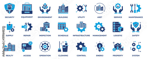 Facility Management Icon Collection Set. With icon Security, Equipment, Environment, Building, Utility, Asset, Service, Maintenance, Repair, Inspection and Schedule. Flat Blue Icon Vector Illustration
