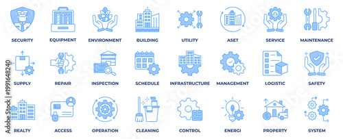 Facility Management Icon Collection Set. With icon Security, Equipment, Environment, Building, Utility, Asset, Service, Maintenance, Repair, Inspection and Schedule. Blue Icon Vector Illustration.