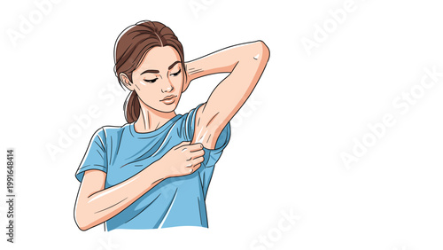 Young woman wearing blue t-shirt lifting her arm to check underarm for sweat or odor in a confident daily hygiene routine.