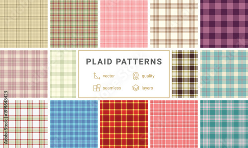 Timeless plaid pattern pack for multipurpose use. Classic tartan designs adapt print and web. Vector quality remains stable.