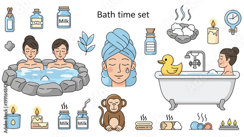 Collection of bath time set icons featuring people in hot springs, bathtub with rubber duck, milk bottles, and spa accessories.