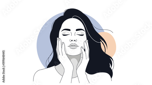 Beautiful woman closing eyes and gently touching her face to represent skin care, beauty treatment, and facial massage concepts.