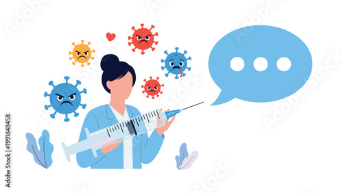 Female healthcare professional holding a large vaccine syringe surrounded by angry virus icons and a blank speech bubble.