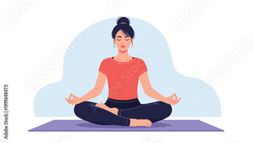 Calm woman sitting in lotus pose and meditating to find inner peace and mental wellness on a purple yoga mat.