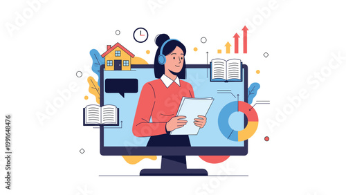 Professional woman wearing headset appearing on a computer screen for an online education, webinar, or remote work presentation.