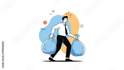 Surprised office worker running quickly while carrying two large blue trash bags against a colorful abstract background.