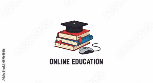 Stack of books with graduation cap and computer mouse, symbolizes online learning