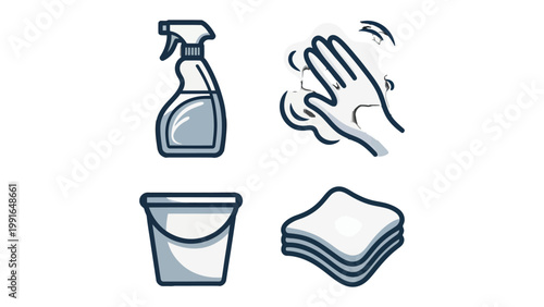 Cleaning Supplies Illustrated: A collection of essential cleaning tools, including a spray bottle, soapy hand, a bucket and a cleaning cloth, ready to tackle any mess.