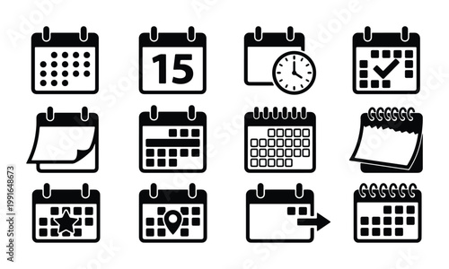 Minimalist calendar icon set, black and white schedule planning symbols, 12 vector elements for appointment management and event organization