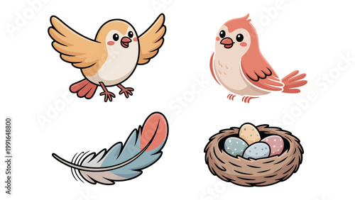 Cute Birds Elements Set: Charming illustrations of playful birds, a soft feather, and a cozy nest create a delightful visual symphony for a fresh design.