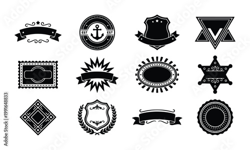 Vintage badge collection with 12 black vector labels, retro heraldic shield and ribbon insignias, classic nautical anchor emblem and star frames