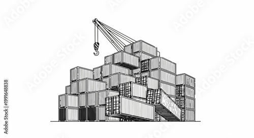 Stacked cargo containers being moved by a crane on a white background