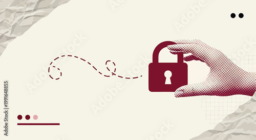 Security, protection, padlock, hand, safety concept, vector icon, red lock, white background