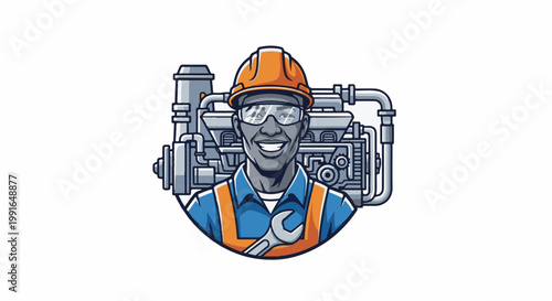 Smiling mechanic in hard hat and goggles with tools and machinery