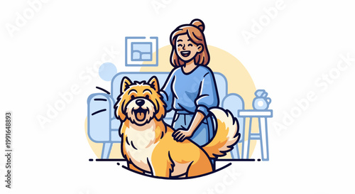 Smiling person pets happy dog in cozy room with couch and table