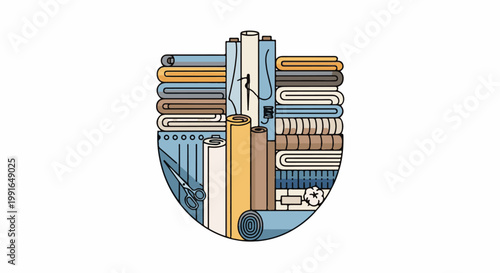 Stacked fabric rolls and folded textiles with scissors and cotton