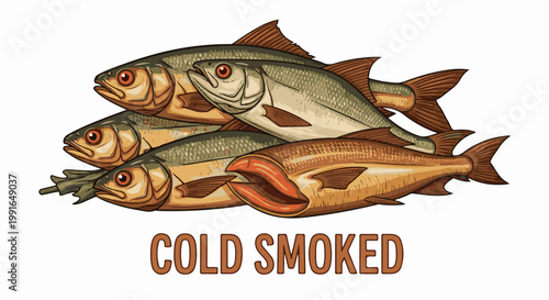 Stacked fresh fish with bold text "COLD SMOKED" underneath