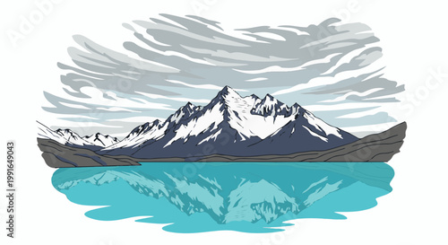 Snow-capped mountains reflected in a vibrant turquoise lake under a cloudy sky