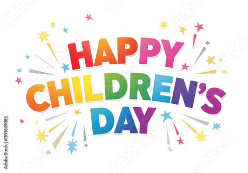 Happy children's day colorful text with confetti isolated on transparent background, PNG
