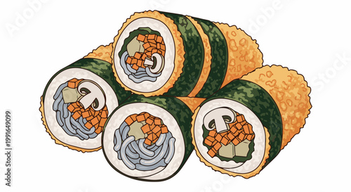 Stacked fried sushi rolls filled with vegetables and mushroom slices