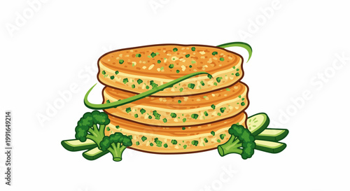 Stacked savory pancakes with green onions, broccoli, and cucumber slices