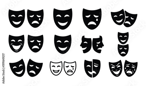 Theater masks collection, comedy and tragedy drama icons, black and white theatrical performance symbols, set of 12 vector face illustrations for stage and acting