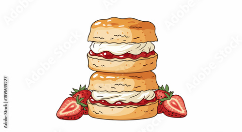 Stacked sweet scones with jam and cream, garnished with strawberries