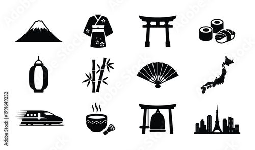 Japanese culture icon set with 12 black vector symbols, traditional Japan travel elements, sushi and landmark illustrations for tourism design