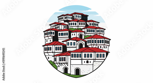 Stacked traditional houses with red roofs on a green slope under a blue sky