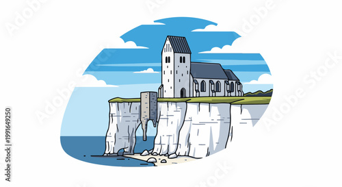 Stone church perched on white cliffs overlooking the sea