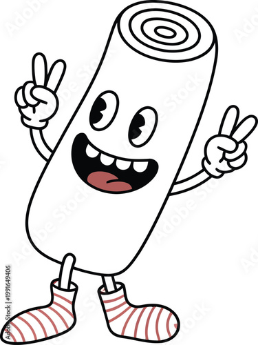 Cartoon character of a rolled fabric or paper roll with a happy face making a peace sign gesture