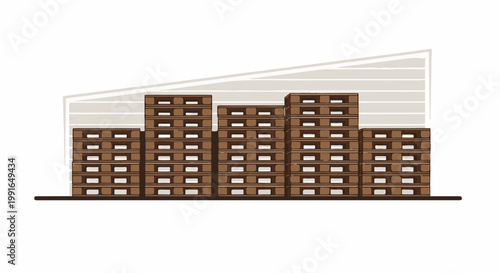 Stacks of wooden pallets are neatly arranged against a simple background